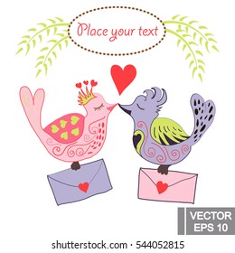 Two vector love birds blinging love letters to each other. isolated illustration on white background. element for your designes