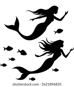 Two vector Mermaid Silhouettes Swimming Among Fish, 