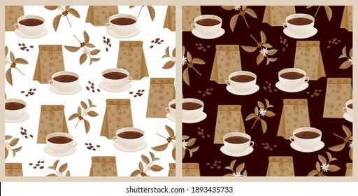 Two vector monochrome seamless patterns in flat style on the white and dark backgrounds with a cup, coffee beans, packaging and a branch of a coffee tree.