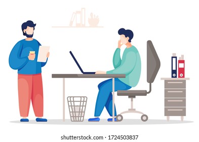 Two vector office characters communicating with each other. Colleagues discuss a new project, the man have a plan in hands. Worker talking with boss at white background. Partners planning strategy.