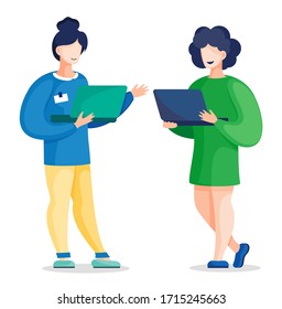 Two vector office colleagues standing and communicating holding laptop in hands. Women discuss a new work project. Co-workers talking at white background using computers. Partners planning strategy.