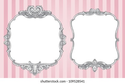 Two vector ornate vintage frames on a striped pink background