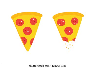 Two Vector Pepperoni Pizza Slices, Whole And With Teeth Bite Mark.