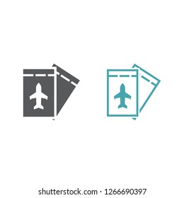 Two vector pictures of the plane ticket. Set of vector symbols. Flight according to the air ticket. Flat design Monohrome