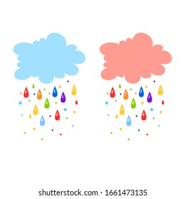 Two vector pink and blue clouds with raindrops of colors of the rainbow. Rainy wheather.