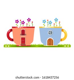 Two vector pink and blue cups houses on grass with windows, doors and flowers. Cute child summer illustration in a cartoon style. Lawn with flowers. Sweet home. Love card on the St. Valentines day