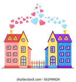 Two vector pink and blue houses with a fence and chimneys with hearts. Cute valentine card. Bright cartoon child illustration. Colorful drawing about love. 