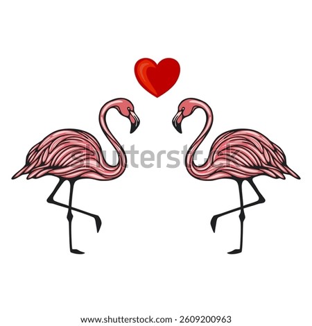 Two vector pink flamingos standing on one leg facing each other, with a red heart above them, symbolizing love and affection.