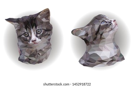 Two vector portraits of kitten, full face and profile, close-up on a light background. Polygonal animal graphic design of a cute cat with serious eyes, face in different poses in realistic style