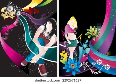 Zwei Vektorplakate einer Frau mit einer Blume links und rechts eine Blume rechts
