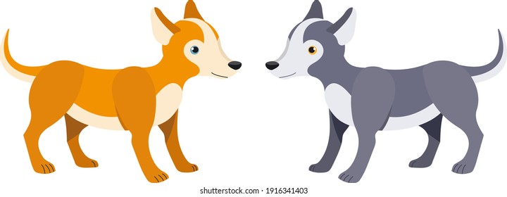 Two vector puppies standing, shades of grey and orange. Cute dogs, husky like for children's textile, wrapping paper, books and design