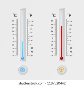 Two vector realistic 3d celsius and fahrenheit meteorology, weather thermometer sign icon set closeup isolated on white background. Clip art, design template for graphics. Thermometers with different