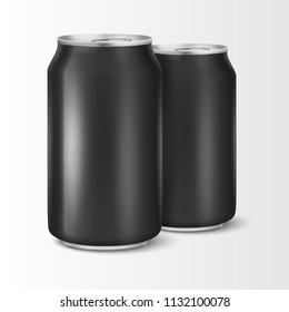 Two Vector realistic 3d empty glossy metal black aluminium beer pack or can visual 330ml. Can be used for lager, alcohol, soft drink, soda, fizzy pop, lemonade, cola, energy drink, juice, water etc
