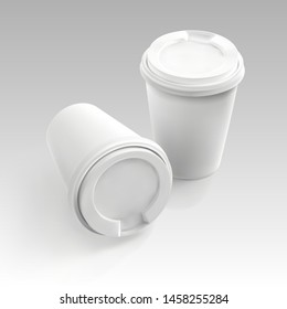 Two vector realistic blank 3d paper coffee cups. Mockup template for cafe or restaurant brand identity design. Disposable plastic and paper tableware vector template for hot drinks.