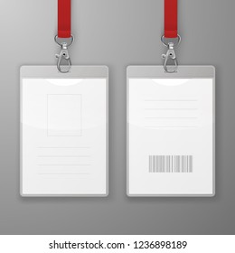 Two Vector Realistic Blank Office Graphic Id Cards with Clasp and Lanyard Closeup Isolated. Front and Back Side. Design Template of Identification Card for Mockup. Identity Card Mock-up in Top View