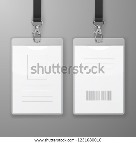 Two Vector Realistic Blank Office Graphic Id Cards with Clasp and Lanyard Closeup Isolated. Front and Back Side. Design Template of Identification Card for Mockup. Identity Card Mock-up in Top View