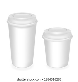 two vector realistic cups with a lid. High and small. cap for drinks, desserts and yogurt. Vector illustration. mockup container. 3D. EPS10.