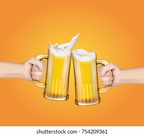 Two vector realistic hands holding glass mugs with beer raised in a festive toast. Two pints of cold foamy craft light beer