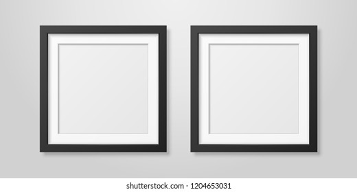Two Vector Realistic Mofern Interior Black Blank Square Wooden Poster Picture Frame Set Closeup on White Wall Mock-up. Empty Poster Frames Design Template for Mockup, Presentation, Image or text