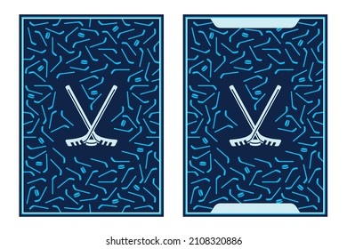 Two vector rectangular blue ice hockey posters with sticks and pucks on white background. Sport card illustration.