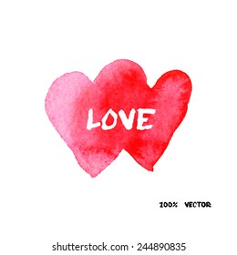 two vector red  watercolour hearts with caption "LOVE" valentine symbol