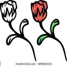 Zwei Vektorrosenblumen, handgezeichnet in grafischem Stil, schwarz-weiße Blume, farbige Blume. Blumendesign für Grußkarten, Scrapbooking , Aufkleber, Etiketten