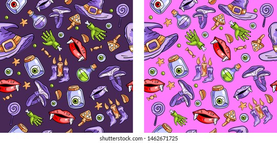 
Two vector seamless Halloween patterns on black and violet backgrounds. Contains following elements: potion, lips, wizard's hat, mushrooms, candles. Use for holliday cards, invitations, wrapping 
