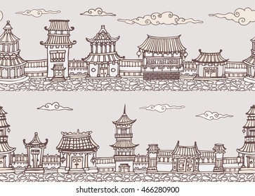 Two vector seamless panorama of chinese or japanese old town. Hand drawn asian city scene in sepia.