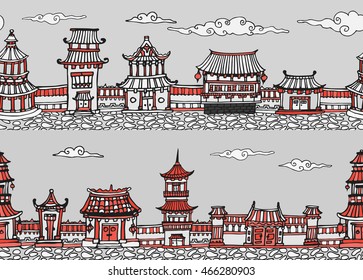 Two vector seamless panorama of chinese or japanese old town. Hand drawn asian city scene in red and grey shades.