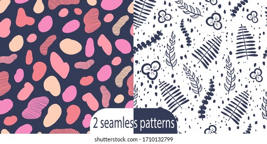 Two vector seamless pattern. Dark blue background and pink shapes. White background and dark blue spots ans plants. Great for print, textile, fabric, wallpaper, wrapping. 