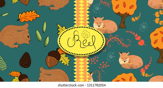 Two vector seamless pattern. Isolated objects on the theme of nature and wild animals life. Cartoon style. Great for greeting card, wallpaper, textile, fabric, gift wrap, children room decor.