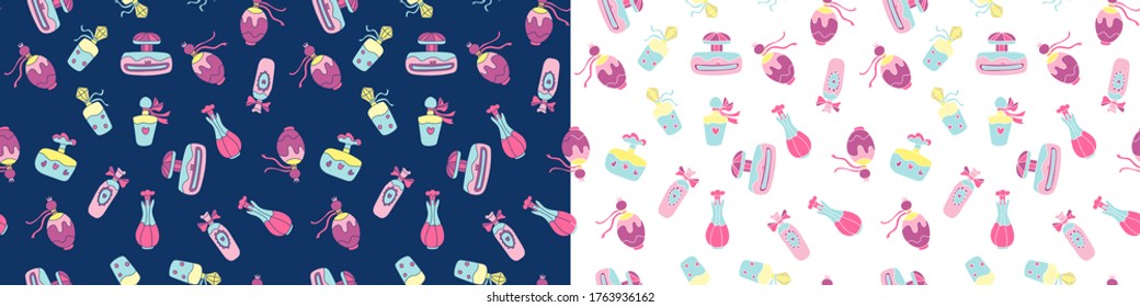 Two vector seamless patterns with bottles of perfume on white and dark blue. Great for fabrics, wrapping papers, wallpapers, covers. Hand drawn flat illustration. Blue, pink and yellow colors.