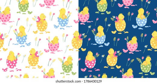 Two vector seamless patterns with colorful easter eggs, flowers, and cute little chickens on white and dark blue. Great for fabrics, wrapping papers, wallpapers, covers. Hand drawn flat illustration. 