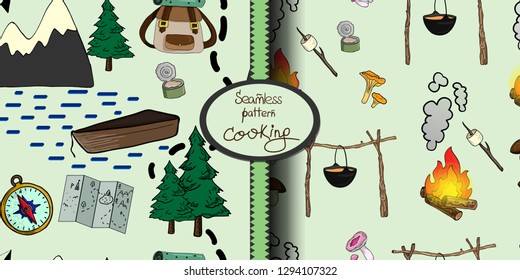Two vector seamless patterns. Isolated objects on the theme of camping, outdoor activities, nature. Cartoon style. Great for greeting card, wallpaper, textile, fabric, gift wrap.