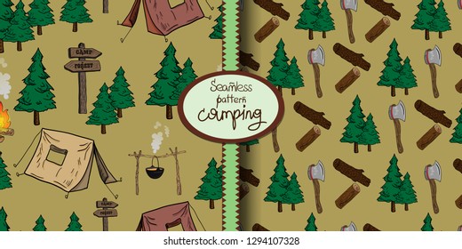 Two vector seamless patterns. Isolated objects on the theme of camping, outdoor activities, nature. Cartoon style. Great for greeting card, wallpaper, textile, fabric, gift wrap.