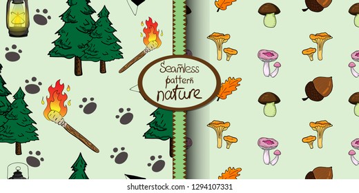 Two vector seamless patterns. Isolated objects on the theme of camping, outdoor activities, nature. Cartoon style. Great for greeting card, wallpaper, textile, fabric, gift wrap.