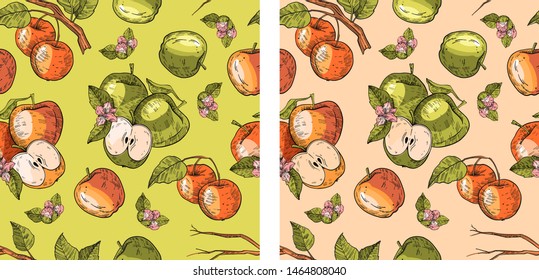 Two vector seamless patterns on pink and green backgrounds with apples and leaves in sketch style