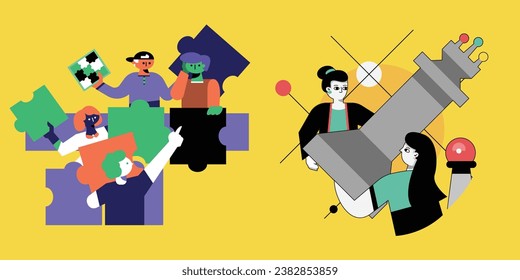 Two vector sets illustrating essential teamwork attributes, providing visual insights into effective collaboration, communication, and achievement