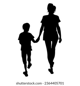 Two vector silhouettes of a baby and a mother full-length rear view on a white background 2 receding figures.