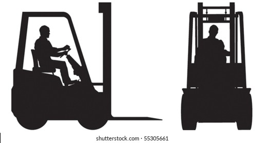 Two vector silhouettes of fork lift truck and operator