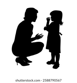 Two vector silhouettes of a woman and a child. A little girl stands in front of her mother, the woman squats. White background.
