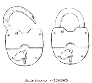 Two Vector Sketch Padlocks. Open and closed padlock