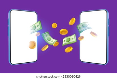 Two vector smartphone with flying money and golden coins in bright realistic 3d style. Creative minimal illustration. Vivid business commercial concept art.