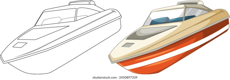 Two vector speedboats, one colored and one outlined.