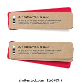 Two vector stapled old paper tags / labels / banners / stickers with red covers