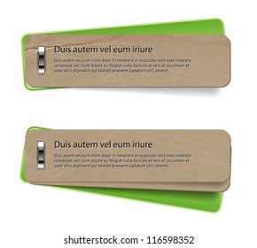 Two vector stapled old paper tags / labels / banners / stickers with green covers