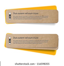 Two vector stapled old paper tags / labels / banners / stickers with yellow covers