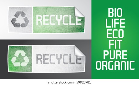 Two vector sticker with recycle theme. Recycle logos, grunge effect, gradients, additional text. All elements are editable, grunge effect made with opacity mask.