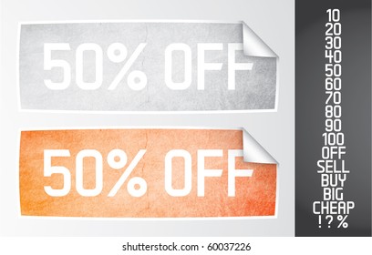 Two vector stickers with grunge effect and additional text. Fully editable, grunge effect made with opacity mask.
