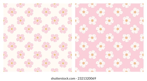 Two Vector Summer Floral Seamless Patterns. Flowers of Strawberry or Fruit Tree Flower such as Cherry, Pear, Plum or Apple tree. Great for Textile, Wrapping Paper, Packaging etc. Pink colors